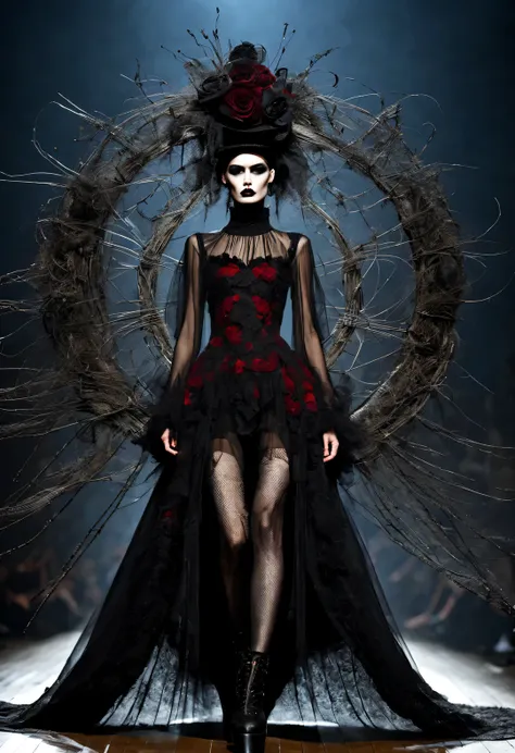 gothic style red fashion show，darkness is always there，beauty and warmth come from darkness，gorgeous model，long and beautiful le...