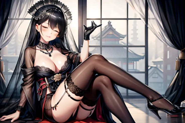 See-through,black face veil , black nylons , silk stockings ,See-throughの袴， close your eyes，transparent black kimono　,sheer lingerie,enamel high heels,pearl necklace,,straight,lace long gloves, shortcut,　hair ornaments,　Japanese style room　，crossed legs