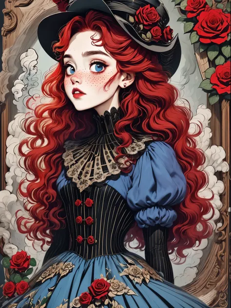 (best quality,masterpiece:1.2,detailed details,4k),(girl, Red hair,big eyes,small freckles,hat),(roses,Gothic),(vaporwave,transpiration,gas,steampunk gothic victorian style), deep emotions, enthusiasm, red,black,blue, Rose background, blue烟雾背景,Smoke lines,...