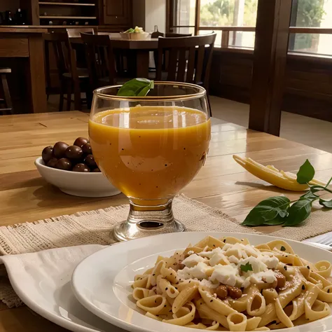 Pasta in a plate , mango juice glass on the table 