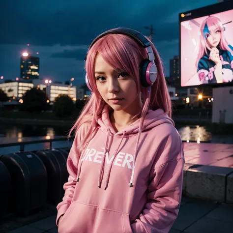 Pink haired anime girl with a hoodie and stereo headphones with a bright night urban background 