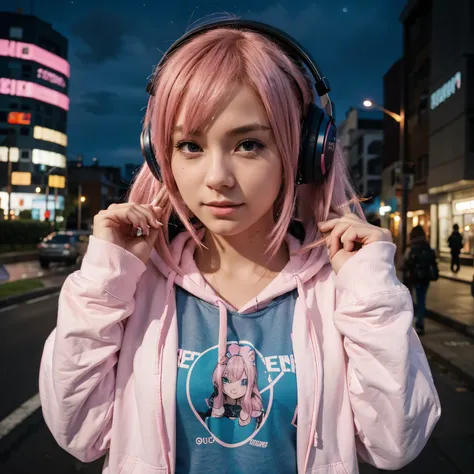 Pink haired anime girl with a hoodie and stereo headphones with a bright night urban background 