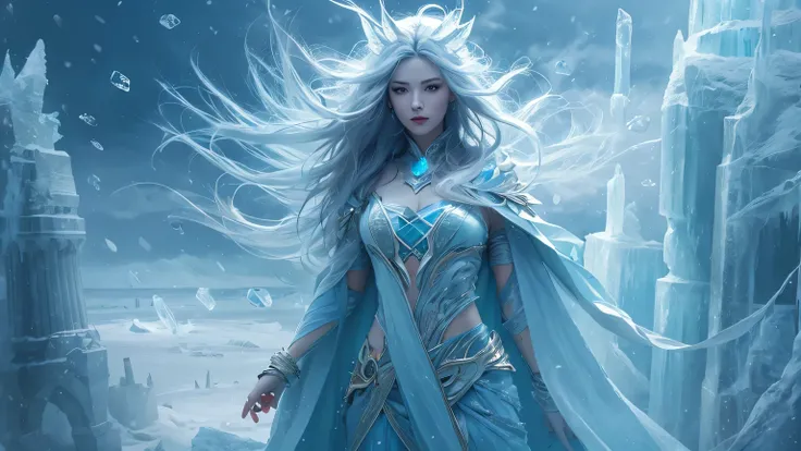 beautiful ice goddess, Ice Witch, pure ice spirit, Intricate design and details, coldly, cold, blizzard storm, whole body on coldly mist, magic ice spell, Cast Ice Spell, realistic ice effect, ice particles, Dark fantasy art style, A ruined city, dramatic ...