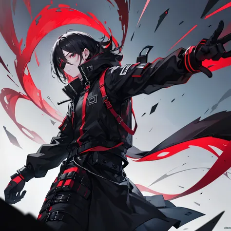 Black Hair, Male, Black Techwear outfit, Black and red tentacles on his back, Black eyepatch, Back facing, Rooftop