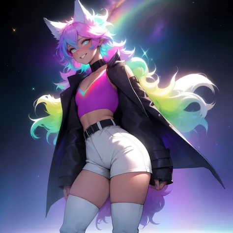 a short, skinny, galactic space young boy wearing a leather rainbow trench coat with a peacock inspired design, glowing blue eyes, wearing cropped t-shirt, flat chested, flat chest (SUPER FLAT CHEST) has wolf ears and a wolf tail, wide hips, pink lips, thi...