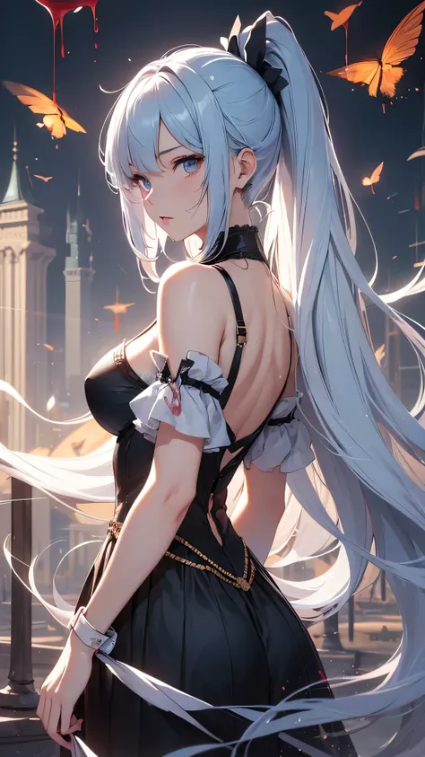 最high quality、best image quality、masterpiece、girl((20-year-old、 By becoming、vest bust、medium bust,wide open breast tea、shining eyes, light blue hair、long hair、thin,highest valley、ponytail、action of looking up、bandage、black dress、long skirt、Rear view、emphas...