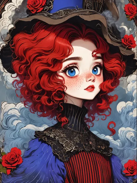 (best quality,masterpiece:1.2,detailed details,4k),(girl, voluminous red hair,big eyes,small freckles,hat),roses,Gothic,vaporwave,transpiration,gas,steampunk gothic victorian style, Dark, psychology, Surrealism, sublimation, subconsciousness, sentiment, en...