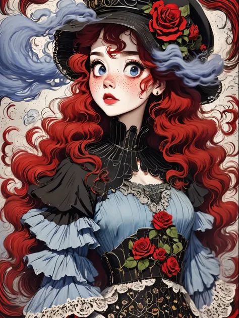 （best quality，masterpiece：1.2，detailed details，4k），（girl, red hair，big eyes，small freckles，hat，black手套），（roses，gothic），（vaporwav...