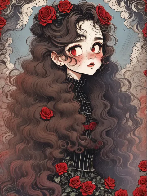 (best quality,masterpiece:1.2,detailed details,4k),(girl, wavy long hair,red头发,big ear,big eyes,small freckles,exaggerated expression,),(roses,Gothic),(vaporwave,transpiration,gas,steampunk gothic victorian style), deep emotions, enthusiasm, red,black,blue...
