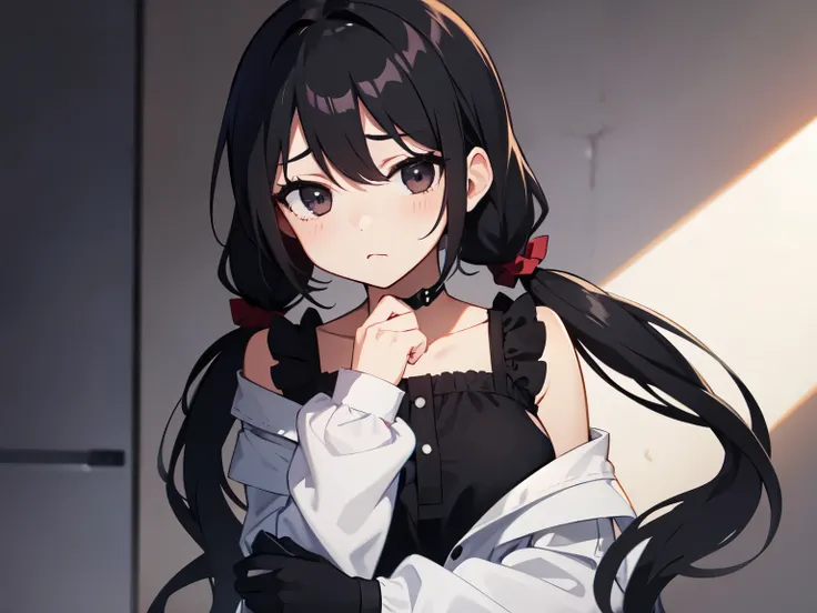 1girl, light clothed, black hair, ((low twintails)), black eyes, sad