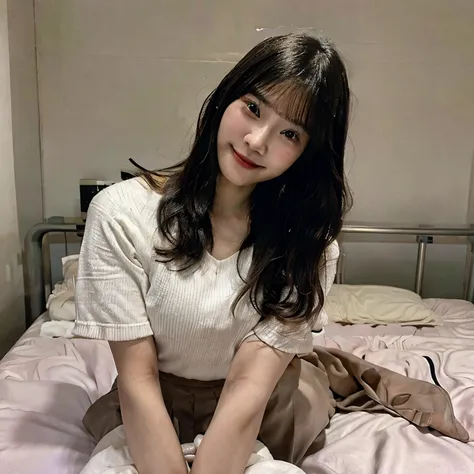 Japanese high school girl, age 20 years old, sitting and examining her body, on the bed, in her bedroom, she smiled happily, after switching bodies with the old man, the old man sat and cried beside her bed.