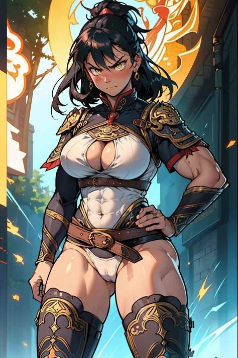 (high resolution, pixel perfect, gorgeous illustrations), (hyper quality, muste piece, etheric: 1.4), ((nsfw)), (1girl), (((fighting_stance))), ((topless)), ((tattoo)),
 yellow eyes, ((((angry)))), (((blush))), (((((((muscular))))))), ((thick thighs)), (((...