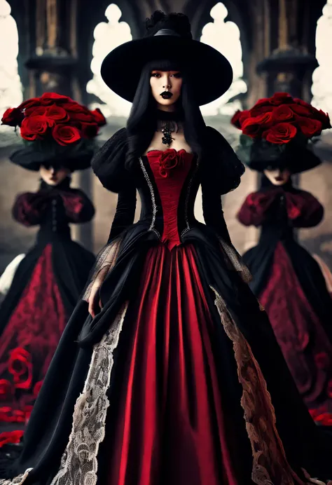 Gothic aesthetic fashion close-up，Gothic clothing was heavily influenced by architecture， Their clothing is mostly characterized by vertical styling lines and pleats，Make the wearer look slim.， and increase the height of the human body by raising the hat， ...