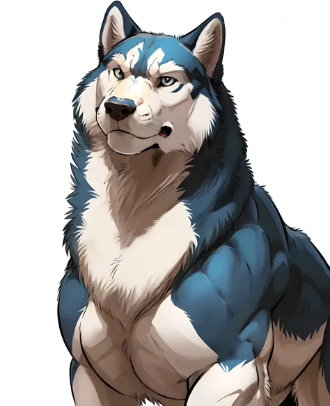 feral husky, masculine, male, quadruped, feral, very muscular:1.5, well defined muscles:1.2, pectorals:1.2, muscular neck, wide chest, muscular chest, by negger, white background, stern face, realistic lighting,