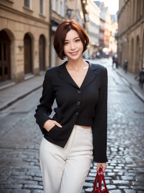 （38 years old), （black wool jacket）,（white wool pants）、（white ruffle blouse）, double eyelid, eyelash, Red lip gloss, (smile）、 (looking at the viewer、Are standing), (From above:0.2)、尖ったred mouth、(black wet shiny short hair),red mouth,clavicle、 (Photoreal:1....