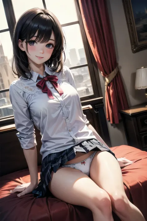 very cute and beautiful girl,(very detailed美しい顔),white blouse,ribbon,pleated plaid mini skirt, skirt lift,(white panties),(smile),blush,looking at the viewer,black hair, antique hotel bedroom,luxury furniture,balcony, (highest quality,masterpiece:1.2),diso...