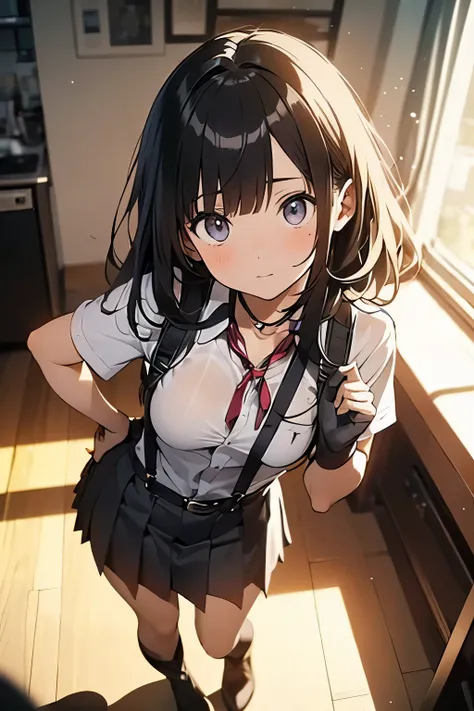 brown hair、looking at the viewer suspenders big swollen breasts black mini skirt garter belt knee high socks Aerial perspective small face bangs Beauty hands up sideways view black boots provocation one person cutter shirt...