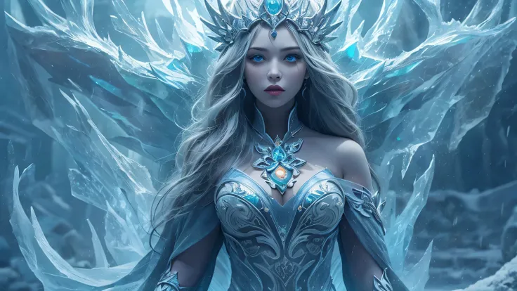 beautiful ice goddess, Ice Witch, big bust, pure ice spirit, Intricate design and details, coldly, cold, very severe blizzard storm, whole body on coldly mist, magic ice spell, Cast Ice Spell, realistic ice effect, ice particles, Dark fantasy art style, A ...