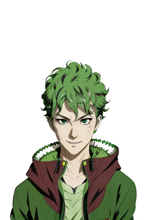 anime boy with green hair and a green jacket, boku no hero academia style, tatsumaki, tatsumaki with green curly hair, inspired by Sakai Hōitsu, [[[[grinning evily]]]], its name is greeny, as an anime character, anime style character, trigger anime artstyl...