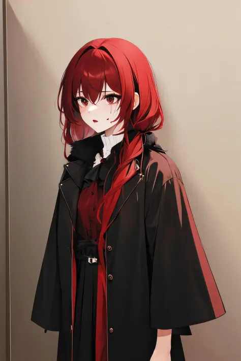 red and black eyes,black and red hair,red and black mourning clothes,a skull is standing behind,Blood came out of the mouth