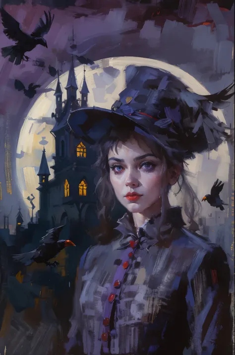 full body portrait，Sexy witch wearing gothic style costume，Three crows stopped beside me，moonlit wilderness，Surrealism，painting，ink，acrylic painting，masterpiece，Gothic thriller style，Gothic castle，best quality，high resolution，Super fine，Delicate eyes，facia...