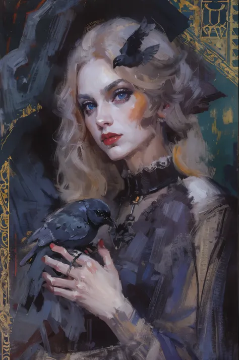 （full body portrait：1.5），Sexy witch wearing gothic style costume，Three crows stopped beside me，moonlit wilderness，Surrealism，painting，ink，acrylic painting，masterpiece，Gothic thriller style，Gothic castle，best quality，high resolution，Super fine，Delicate eyes...