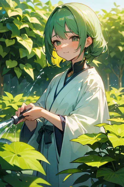 (best quality, high definition, masterpiece:1.2,), Create a female anime character who is busy watering plants in the garden. Infuse the scene with a sense of peace and care in her actions. Ensure that her facial expression radiates joy and happiness as sh...