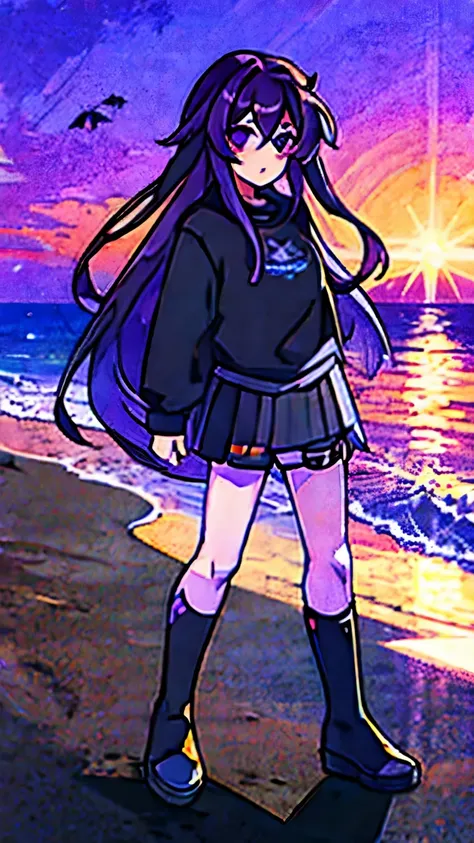 beach，seaside，Sunset，long purple hair，purple eyes，Black sweatshirt，black pleated skirt，black knee socks，black martin boots，8k resolution