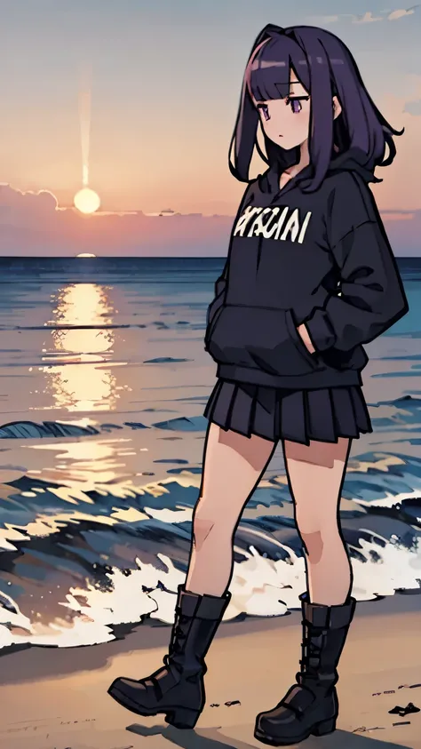 beach，seaside，Sunset，long purple hair，purple eyes，Black sweatshirt，black martin boots，black pleated skirt，black knee socks，8k resolution