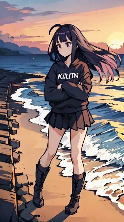 beach，seaside，Sunset，long purple hair，purple eyes，Black sweatshirt，black martin boots，black pleated skirt，black knee socks，8k resolution