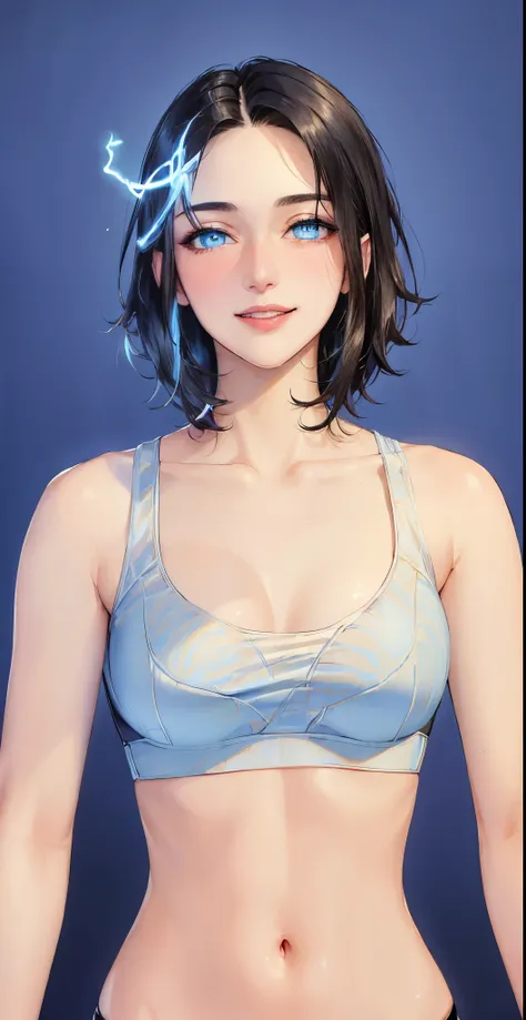 ((((masterpiece, best quality, high resolution)))), (1girl:1.5), ((short silky hair, black hair, blue eyes, sharp eyes)), (perky breasts:1.2), blush, (blushing, light smile), glow, thighs, bare shoulders, collarbone, narrow waist, (slender body figure), (b...