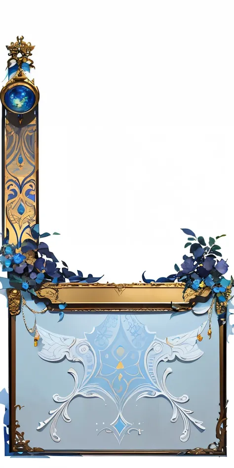 There is a picture of a blue and gold photo frame, ornate borders + concept art, Game coverage, shadow poetry style, Super gorgeous details, ornate frame, Lineage 2 style, inside stylized border, divinity details, ornate border, Complex user interface, sty...