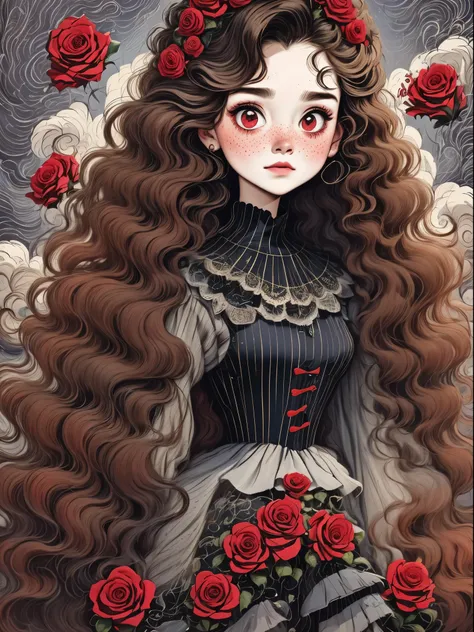(best quality,masterpiece:1.2,detailed details,4k),(girl, wavy long hair,red头发,big ear,big eyes,small freckles,exaggerated expression,),(roses,Gothic),(vaporwave,transpiration,gas,steampunk gothic victorian style), deep emotions, enthusiasm, red,black,blue...