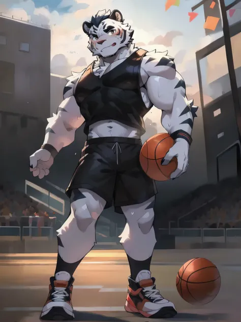 A white tiger boy，Physically strong，Wear a black vest，black sports shorts,Play basketball on the court,Sweat stains all over the body,Wearing white socks and basketball shoes on feet