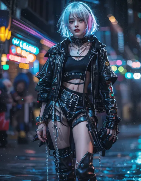 silver-haired beautiful girl, cyberpunk accessories, black crop top, glossy high-collar jacket, multi-layered asymmetrical long ...