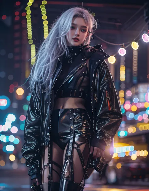 silver-haired beautiful girl, cyberpunk accessories, black crop top, glossy high-collar jacket, multi-layered asymmetrical long skirt, fashionable boots, neon-speckled night city, warm streetlights, her shining under the lights, mist effect