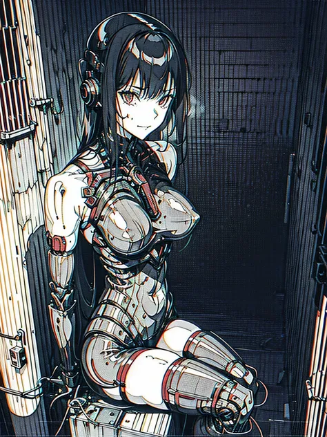 monochrome, greyscale, blood, cable, science fiction, cyberpunk, chromatic aberration, indoors, detailed background, night, 1girl, beautiful, solo, bare shoulders, sitting on bed, smiling, Seductive, nude, red light, long wavy hair, curvy, big breasts, 