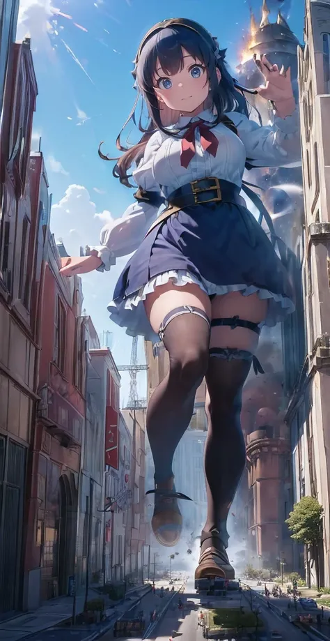 ファイナルfantasy world,fantasy world、(((dark hero))),White Gothic Idol Princess Ruffle Ribbon Maid Clothes、A girl bigger than a castle、background blur、Gulliver&#39;s Travels、alice in wonderland、city of rubble、super huge breasts、big breasts、big breasts、big brea...