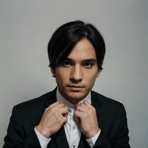 A man in a black suit in frontview with white background 