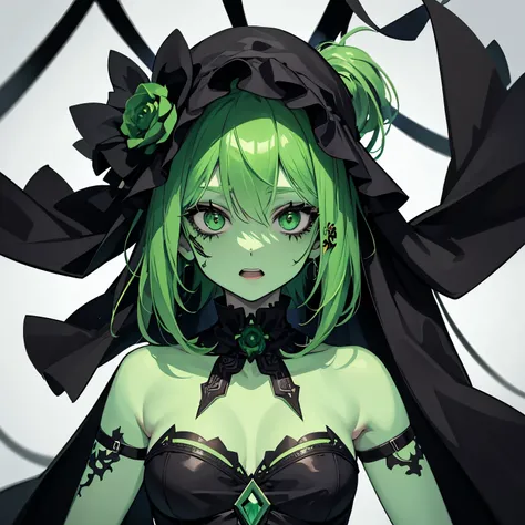 Green-skinned female zombie wearing black singing costume，one person，cute，green hair