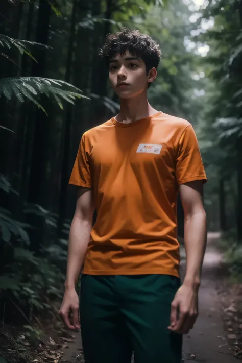 realistic , Young man with short hair, wearing an orange shirt and green pants. Standing in the forest in fear
