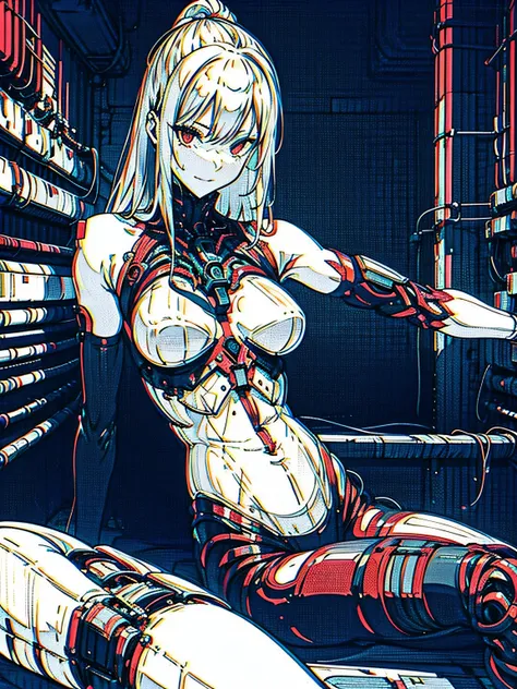 monochrome, greyscale, blood, cable, science fiction, cyberpunk, chromatic aberration, indoors, detailed background, night, 1girl, beautiful, solo, bare shoulders, sitting on bed, smiling, Seductive, nude, red light, long wavy hair, curvy,