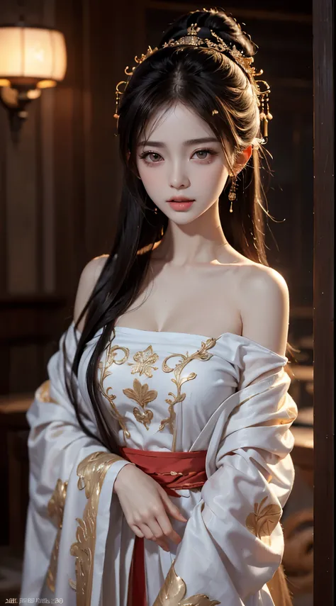 gufeng,bare shoulders, silky straight hair、Big eyes with bangs and eyeliner、The whole body is soaked、Nordic youth、Perfect body、very beautiful and cute、white skin、Glowing and radiant skin、Young and beautiful skin、Perfect and beautiful little face、Shiny make...