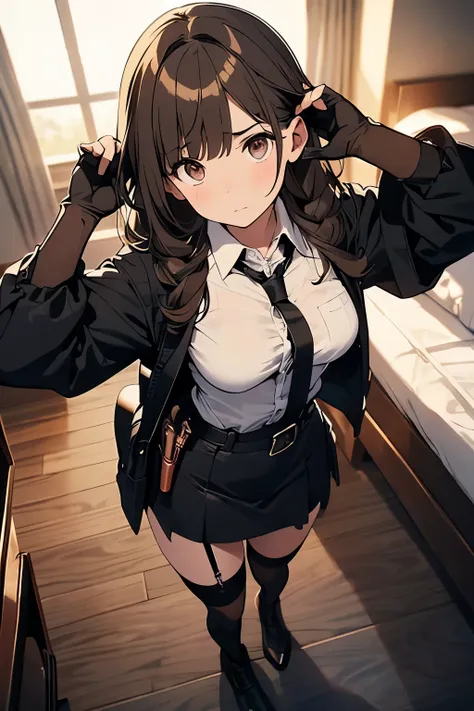 brown hair、looking at the viewer　　suspenders　　　big swollen breasts　　 　 　　　　black mini skirt　garter belt　knee high socks　　　　　　Aerial perspective　　　small face　bangs 　　　　　Beauty　　hands up　　 　sideways view 　black boots 　provocation　　　one person 　　　cutter shirt...