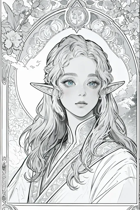 tarot cards, 1 elf girl，Portrait of the face of a European elf，shapeless long hair, shiny skin, detailed face, wearing a patterned robe， Sumeru，cloud, moon，((tarot cardsのレイアウト))，highest quality, masterpiece, (realistic:0.6), realistic lighting,flower frame...