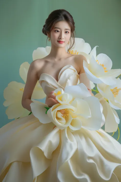 pink background,  arafed woman in a white dress with large flowers on her dress,, inspired by liu haisu, made of silk paper, rob...