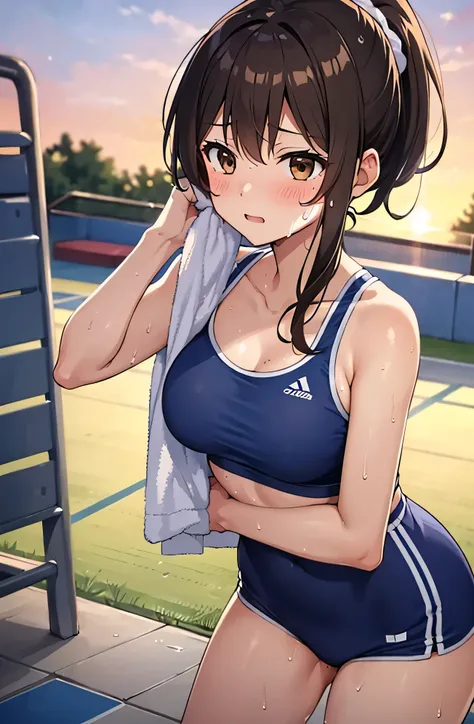 one girl、ponytail、brown hair、healthy、brown eyes,normal breasts(B cup)、cute face、cute anime illustration、Do your best in club activities、Athletics part、playground、White and navy blue uniform、play sports often、sunset、(Sweat:1.3)、Wipe Sweat with a towel