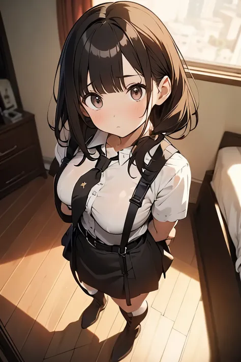 brown hair、looking at the viewer　　suspenders　　　big swollen breasts　　 　 　　　　black mini skirt　garter belt　knee high socks　　　　　　Aerial perspective　　　small face　bangs 　　　　　Beauty　　hands up　　 　sideways view 　black boots 　provocation　　　one person 　　　cutter shirt...