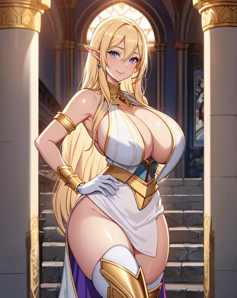 Lian, long blonde hair, long elf ears, hair stick, bangs, blue eyes, solo, smiling, standing, upper body, hips, bare shoulders,purple thighhighs, white dress, gold jewelry,armor,gloves,circlet, cleavage, red and gold royal castle, gigantic breasts, (best q...