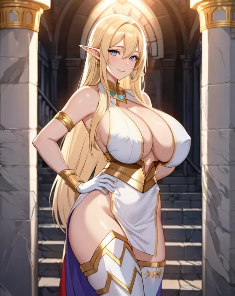 Lian, long blonde hair, long elf ears, hair stick, bangs, blue eyes, solo, smiling, standing, upper body, hips, bare shoulders,purple thighhighs, white dress, gold jewelry,armor,gloves,circlet, cleavage, red and gold royal castle, gigantic breasts, (best q...